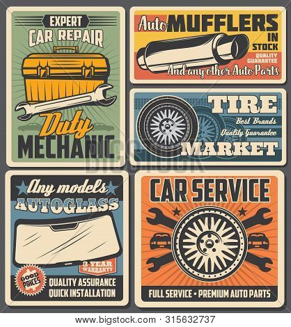 Car Service And Auto Repair Vector Posters With Spare Parts And Vehicle Mechanic Toolbox. Automobile