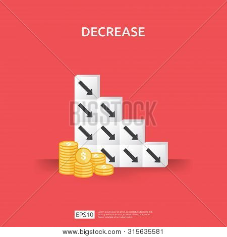 Business Crisis Concept. Money Fall Down With Arrow Decrease Symbol On Stacking Block. Economy Stret