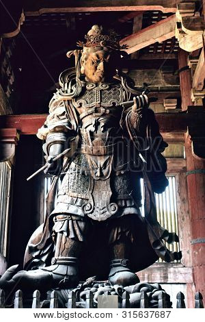 Nara, Japan - April 19th, 2018: View Inside The Daibutsuden, Great Buddha Hall, Of The Todaiji Templ