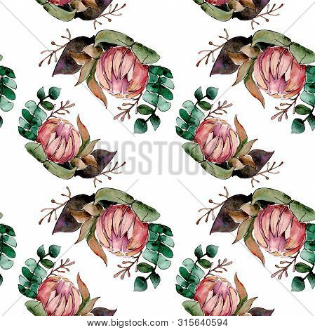 Bouquet Loral Botanical Flowers. Watercolor Background Illustration Set. Seamless Background Pattern