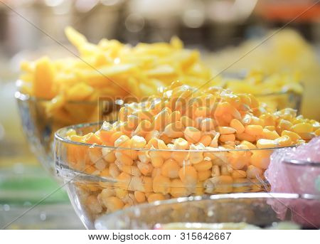 Sweet Tropical Corn With Syrup In Glass Bowl. Thai Dessert  (ruam Mit)
