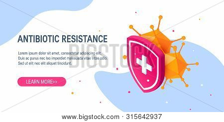 Antbiotic Drug Resistance Concept In Isometric Projection. Bacteria Hiding Behind A Medical Shield. 