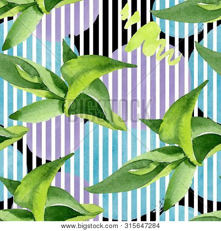 Bamboo Green Leaves. Watercolor Background Illustration Set. Seamless Background Pattern.