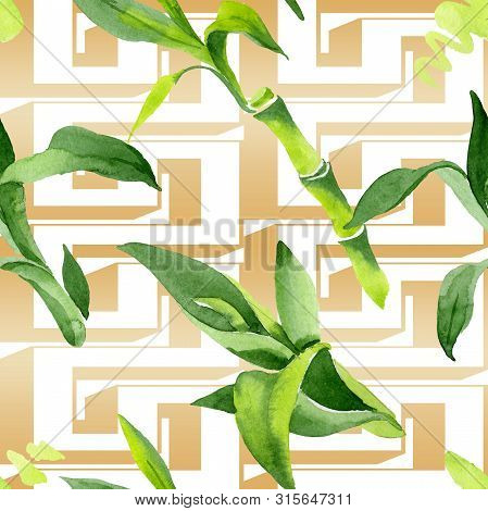 Bamboo Green Leaves. Watercolor Background Illustration Set. Seamless Background Pattern.