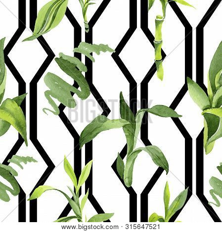 Bamboo Green Leaves. Watercolor Background Illustration Set. Seamless Background Pattern.