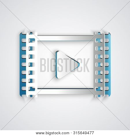 Paper Cut Play Video Icon Isolated On Grey Background. Film Strip With Play Sign. Paper Art Style. V
