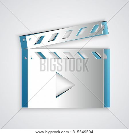 Paper Cut Movie Clapper Icon Isolated On Grey Background. Film Clapper Board. Clapperboard Sign. Cin