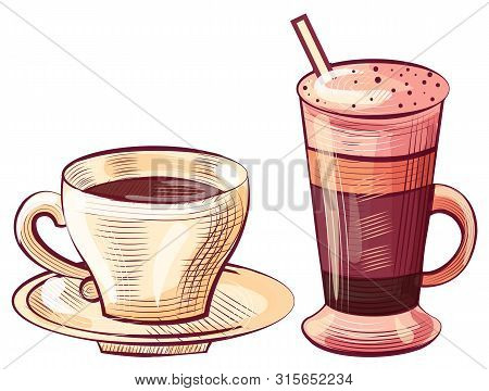Coffee Served In Glass Container Vector, Foamy Beverage. Cup Of Tasty Drink With Foam Containing Caf
