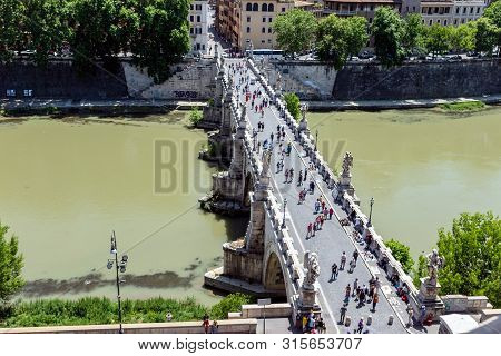 Rome, Italy - June 13 2019: Pedestrian Walking On The Santangelo Bridge In Rome, Italy. Top View Fro