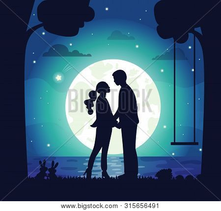 Moonlight And Romantic Atmosphere Vector, Man And Woman On Secret Date, Moon And Stars, Trees And La