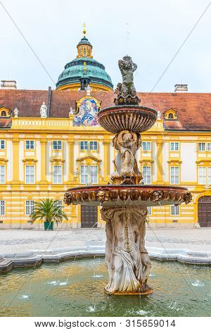 Detailed View Of Fountain On Prelates Courtyard, Melk Abbey, Melk, Austria