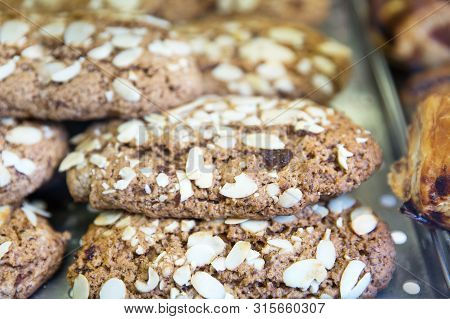 Healthy Oatmeal Cookies With Raisinas And Almonds, Close Up.