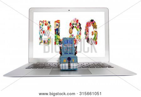 littel blue bot and his blog isolated on white 