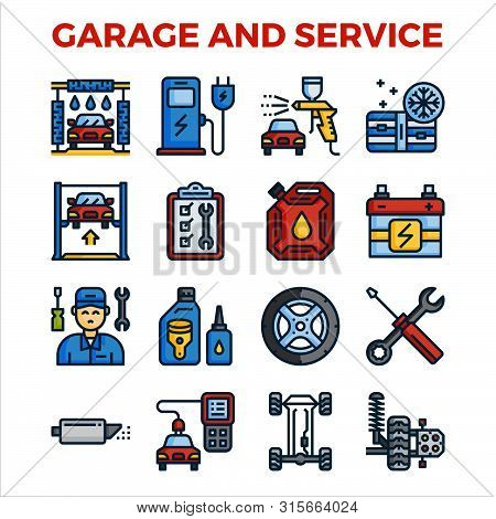 Automotive Garage And Service Outline Color Icon Collection. Pixel Perfect Alignment Icon. Vector Il