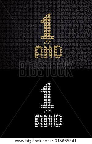 Inscription In Spanish. Golden Number One Year (number 1 Year) Dotted Font, Top View, With Dark Zero