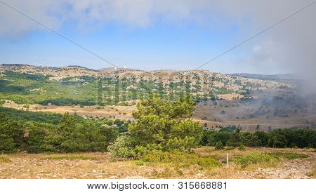 Ai-petri Mountain In The Fog. High Mountain. Crimea. Russian Mountains. Low Clouds. Beautiful Mounta