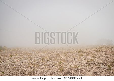 Ai-petri Mountain In The Fog. High Mountain. Crimea. Russian Mountains. Low Clouds. Beautiful Mounta