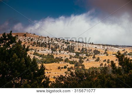 Ai-petri Mountain In The Fog. High Mountain. Crimea. Russian Mountains. Low Clouds. Beautiful Mounta