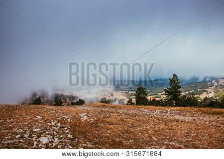 Ai-petri Mountain In The Fog. High Mountain. Crimea. Russian Mountains. Low Clouds. Beautiful Mounta