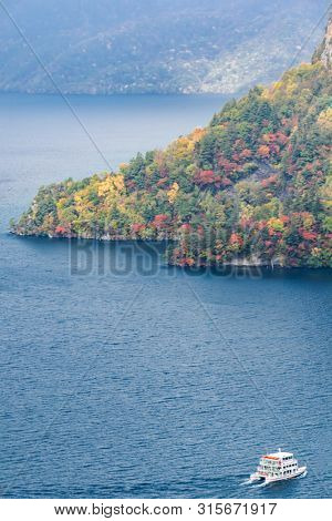 aerial view of Autumn fall mountain with Lake towada in Aomori Tohoku Japan