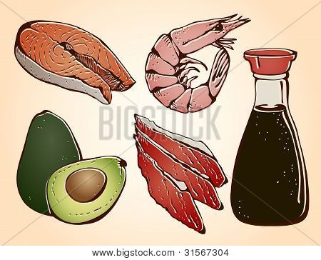 Conjunto de ingredientes de sushi