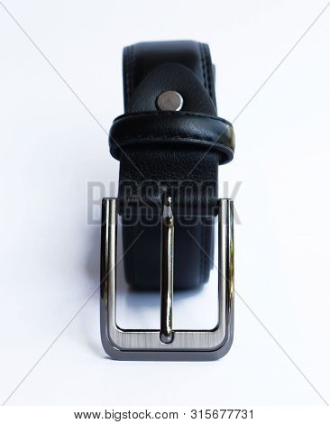 Men’s Stylish Black Leather Belt On Isolated White Background