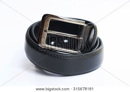 Men’s Stylish Black Leather Belt On Isolated White Background