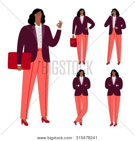 Modern Afroamerican Businesswoman Vector Character Design. Illustration Of Afroamerican Adult, Succe