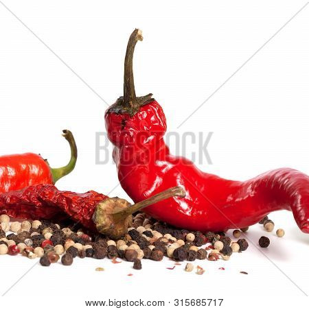 Various Of Hot Peppers Isolated On White Background. Closeup View.