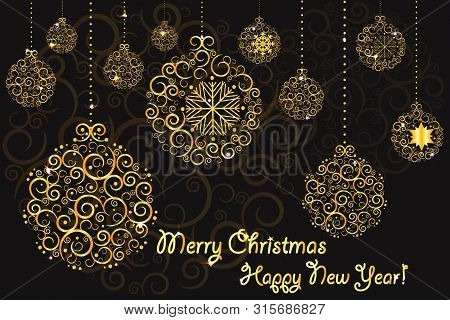 Christmas Black Card Vector Background Illustration Golden Ball Ornaments