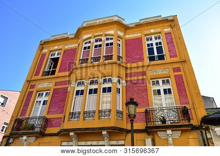 Ribadeo, Spain. March 23, 2019. Modernist Colorful House, Indiano Galician Style.