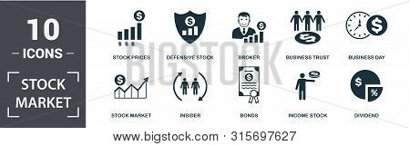 Stock Market Icon Set. Contain Filled Flat Broker, Stock Prices, Business Day, Business Trust, Divid
