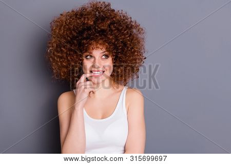 Close Up Photo Of Attractive Lady Have Thoughts Decision Decide Choose Wear Tank-top Isolated Over G