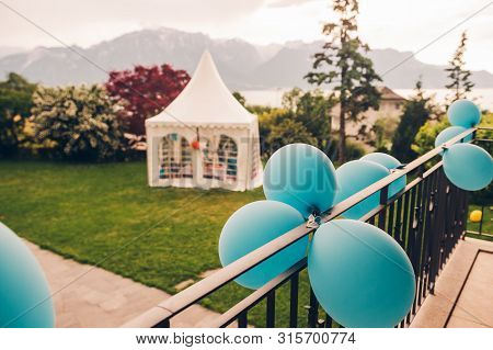 White Party Tent On Backyard, Rainy Day, Birthday Party For Children