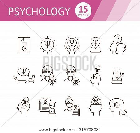 Psychology Line Icon Set. Man, Woman, Head, Gear. Mental Science Concept. Can Be Used For Topics Lik