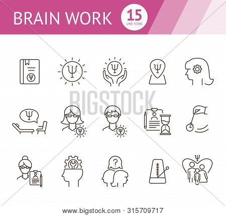 Brain Work Line Icon Set. Human Head, Gear, Psychologist Office. Psychology Concept. Can Be Used For