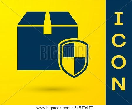 Blue Delivery Pack Security Symbol With Shield Icon Isolated On Yellow Background. Delivery Insuranc