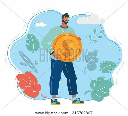 Vector Cartoon Illustration Of Happy Young Man With Money. Character With Coin In His Hands. Symbol 
