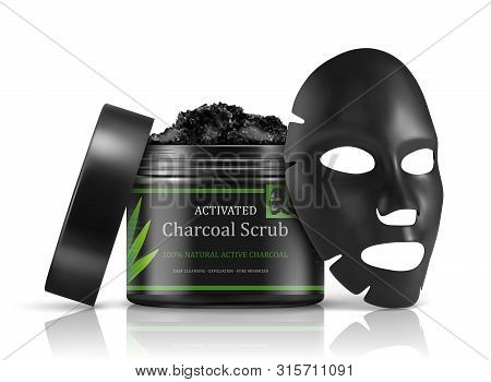 Cosmetics Setting Ads. Black Package Template With Charcoal And Black Facial Mask. Charcoal Cosmetic