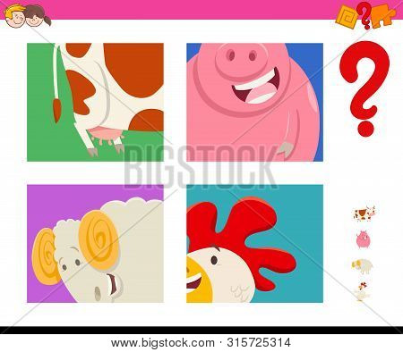 Cartoon Illustration Of Educational Game Of Guessing Farm Animals Species For Kids