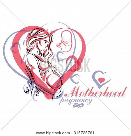 Pregnant Woman Elegant Body Silhouette, Sketchy Vector Illustration. Prenatal Center And Motherhood 