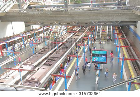 Madrid Spain - May 27, 2019: Unidentified People Travel Principe Pio Train Station Madrid Spain
