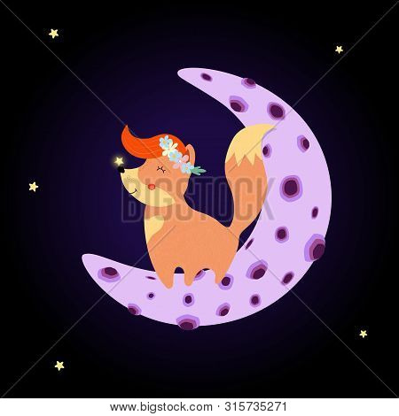 Cute Fox In Flower Wreath On Head And Ginger Forelock Stand On Moon In Night Sky With Glowing Star O