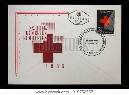 ZAGREB, CROATIA - SEPTEMBER 13, 2014: First day cover with stamps printed in Austria shows International Red Cross conference, circa 1969.