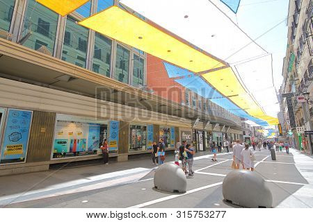 Madrid Spain - May 27, 2019: Unidentified People Visit Calle Preciados Shopping Street Madrid Spain