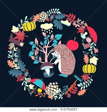Vector Cute Background With Hedgehog And Fautumn Forest Elemets. Fall Season Concept Illustration.