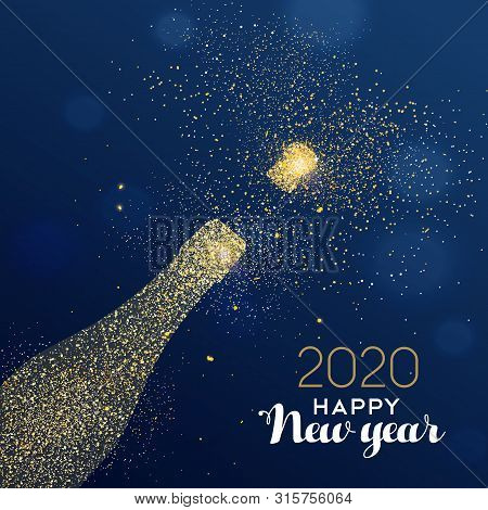 New Year 2020 Luxury Greeting Card Illustration, Champagne Bottle Made Of Gold Glitter Texture On Fe