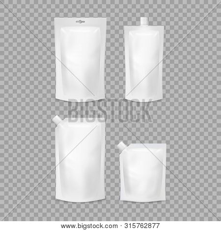 Realistic Detailed 3d Various White Blank Doypack Template Mockup Set. Vector