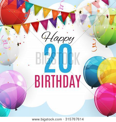 Cute Template 20 Years Anniversary. Group Of Colour Glossy Helium Balloons Background. Vector Illust