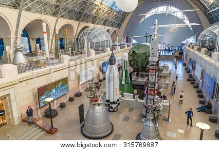 Moscow, Russia - November 28, 2018: Interior exhibition in the Space pavilion at VDNH. Modern museum of russian cosmos exploration